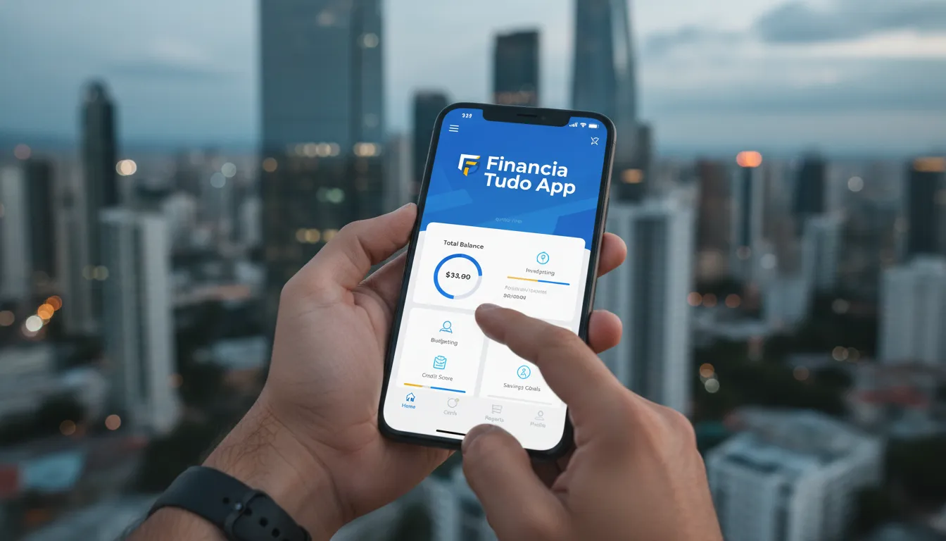Uma pessoa usando o aplicativo da Financia Tudo para acessar ferramentas e recursos de educação financeira em seu smartphone.
