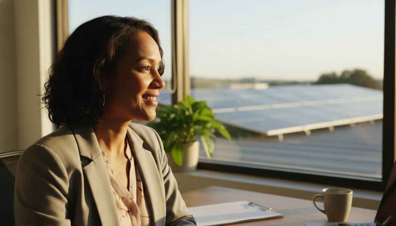 Empresária sorridente em seu escritório. Energia solar escritório traz tranquilidade e economia.