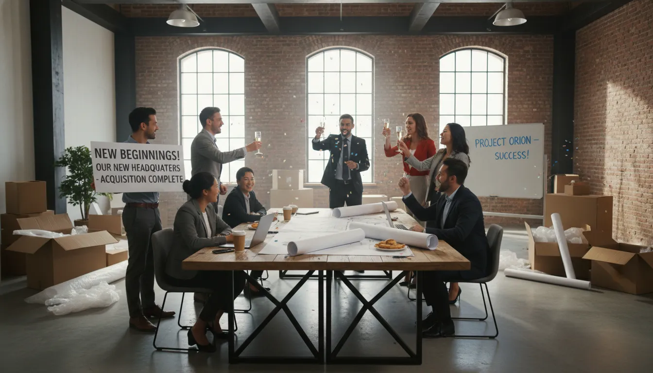 Equipe comemorando a conquista de novo espaço comercial financiado, indicando crescimento empresarial