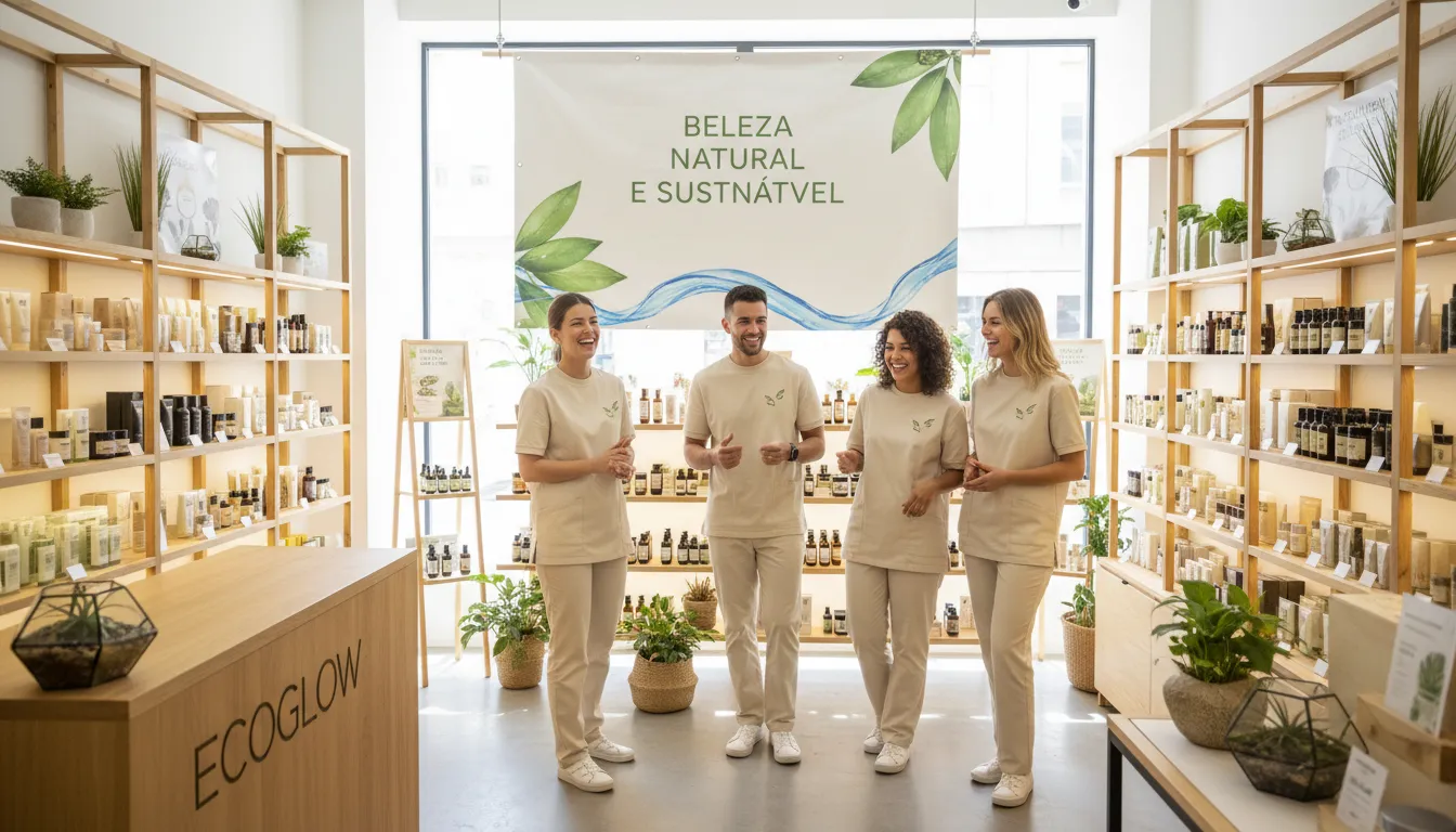 Modelos de Texto Pronto para Página “Sobre Nós” de Loja Virtual 3 Equipe de loja de cosméticos transmitindo autenticidade e valores sustentáveis