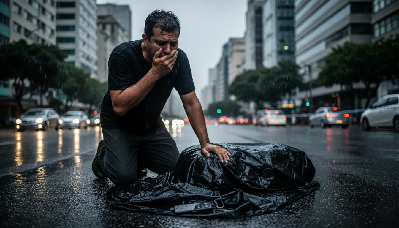 Grieving family near dead ride-share driver a victim of robbery, with São Paulo skyline, symbolizing loss and urban violence.