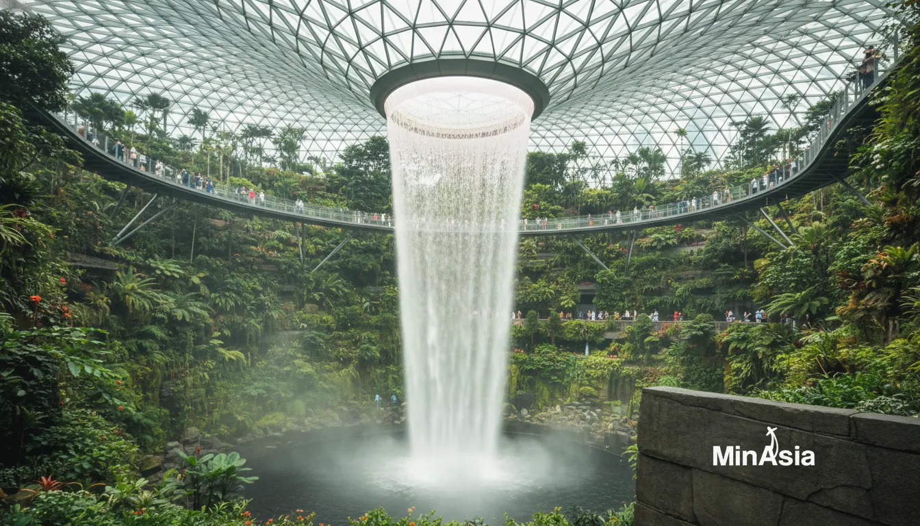 Interior da Cloud Forest em Singapura, com sua majestosa cachoeira e exuberante vegetação tropical.