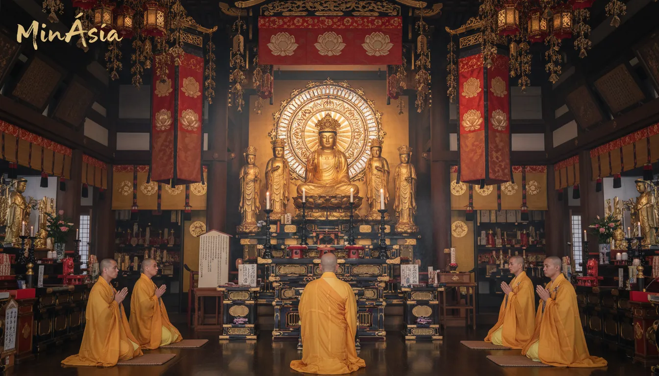 Detalhes do interior do templo senso-ji, enfatizando a atmosfera serena e a importância cultural do templo mais antigo de Tóquio.