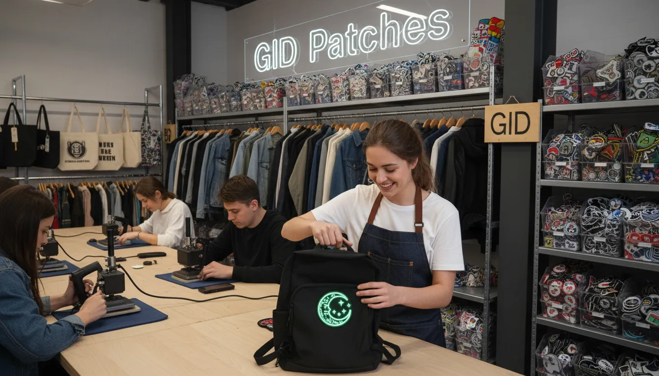 Taller luminoso con personas aplicando parches termoadhesivos GID a prendas y mochilas, personalizando la ropa con estilo.