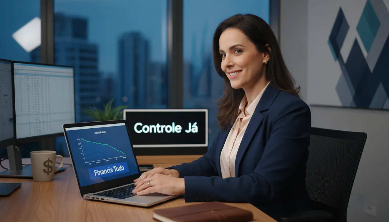 Mulher gerenciando finanças com um laptop, mostrando juros mais baixos nos pagamentos. Financia Tudo oferece ferramentas para auxiliar na tomada de decisões financeiras.