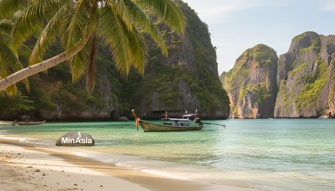 Praia serena com água turquesa e areia branca no sudeste asiático paradisíaco.