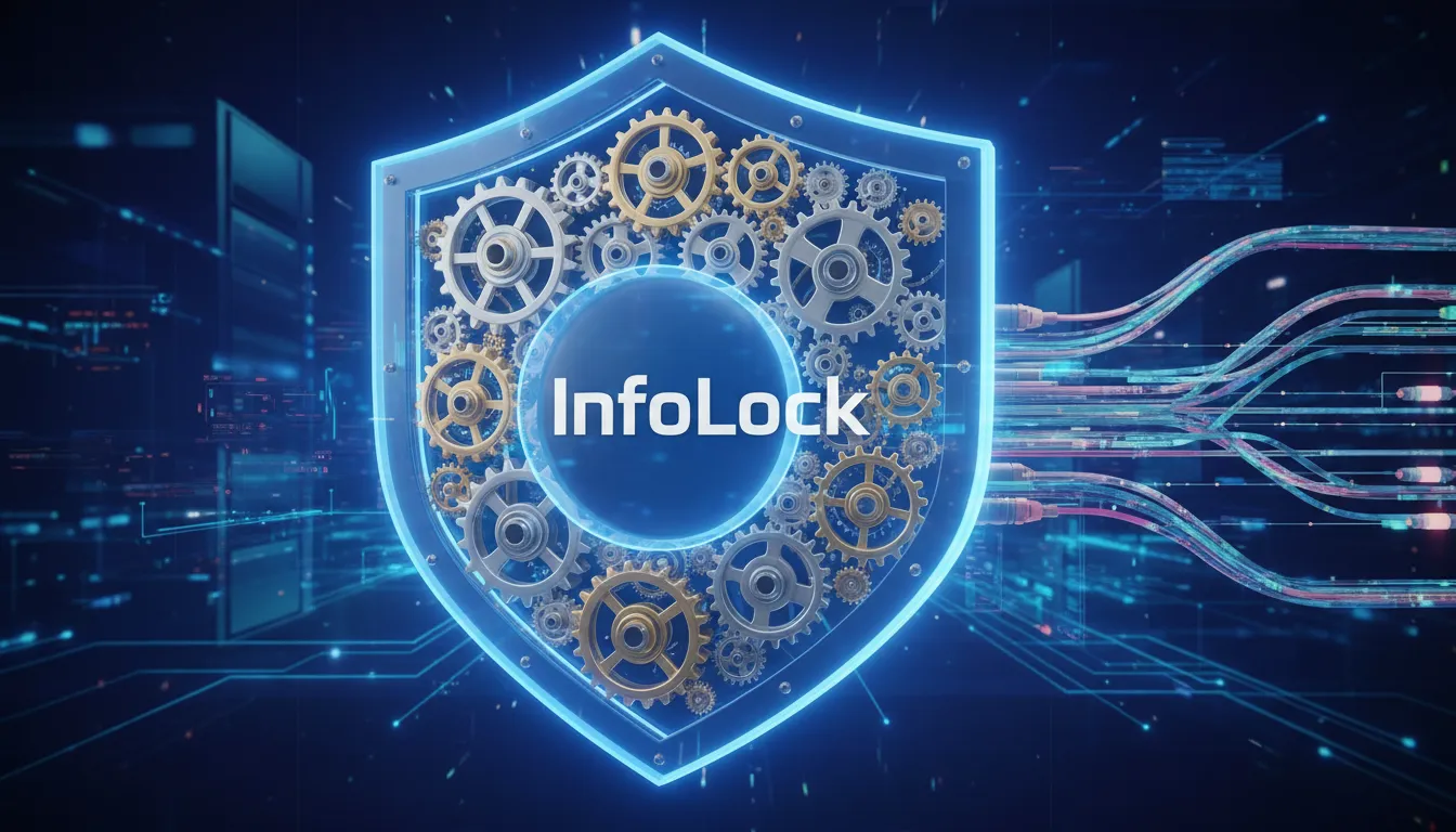 Escudo digital com engrenagens representando a privacy by design, protegendo dados, com o logo da InfoLock.