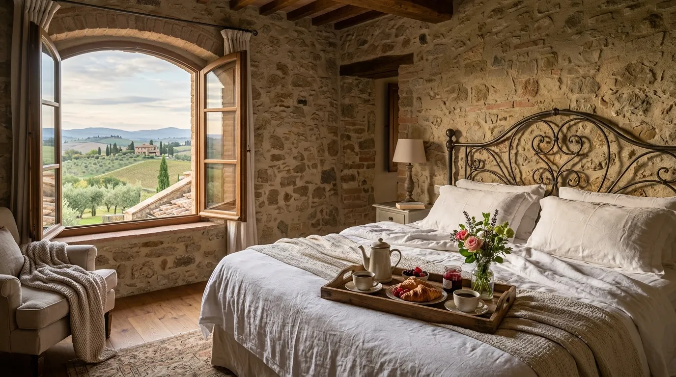 Quarto de luxo na Toscana com vista para colinas em viagem de lua de mel.