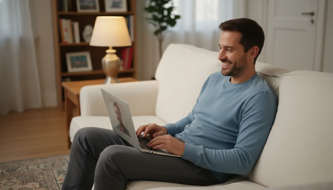 Homem sorri em terapia online, postura relaxada. Mostra o bem-estar da saúde mental. Acesso fácil a especialistas.