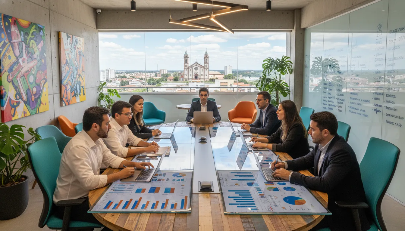 Equipe de agência digital em Brusque analisa métricas de tráfego em escritório moderno com vista para a cidade.