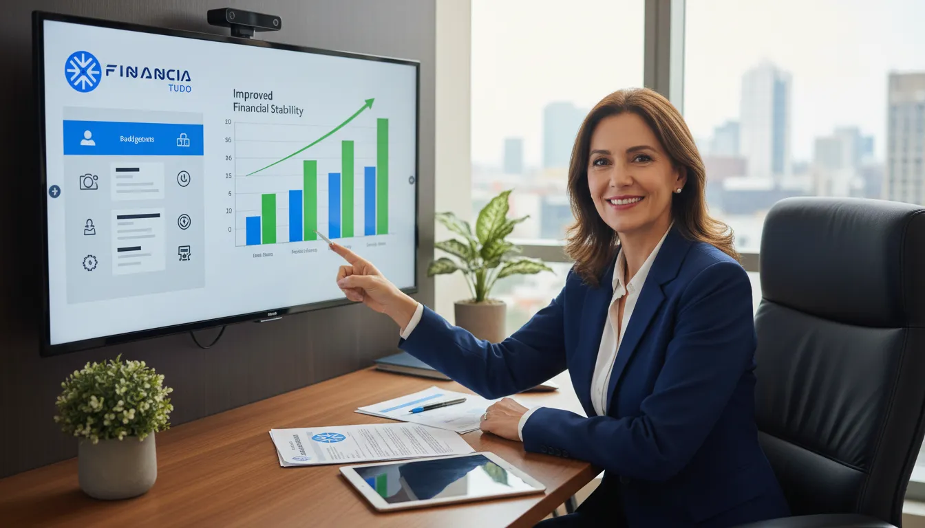 Consultor financeiro sorrindo e apresentando opções de crédito para finalizar obra parada na plataforma Financia Tudo, transmitindo confiança e expertise.