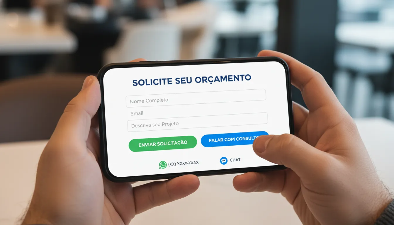 10 Páginas de Orçamento Online que Realmente Recebem Pedidos 1 Formulário de orçamento otimizado com opções de contato via WhatsApp, facilitando pedidos online pelo celular.