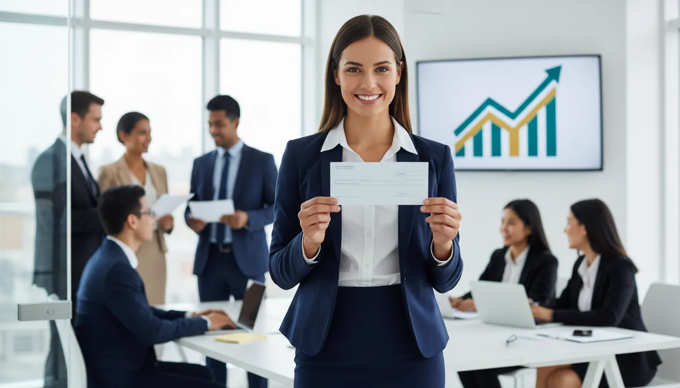Mulher de negócios sorrindo ao receber um cheque, representando a satisfação com o pagamento correto das suas férias proporcionais.