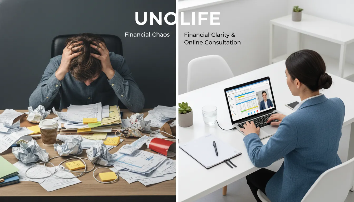 Consultor financeiro online: contraste entre caos financeiro e organização, ilustrando os benefícios do planejamento financeiro para uma vida mais tranquila e equilibrada.