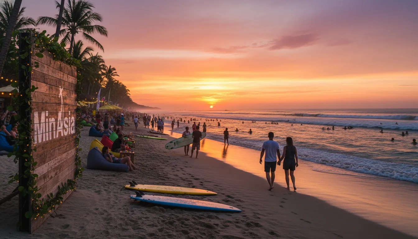 Cena vibrante da Praia de Seminyak em Bali, Indonésia, ao pôr do sol, com turistas e bares à beira-mar. A vida noturna de Bali, Indonésia.