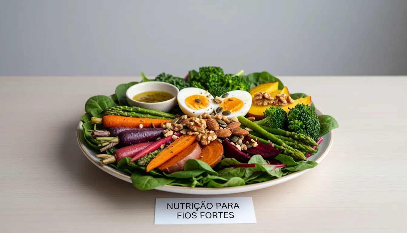 Prato com alimentos variados ricos em nutrientes, simbolizando dieta saudável para os cabelos.