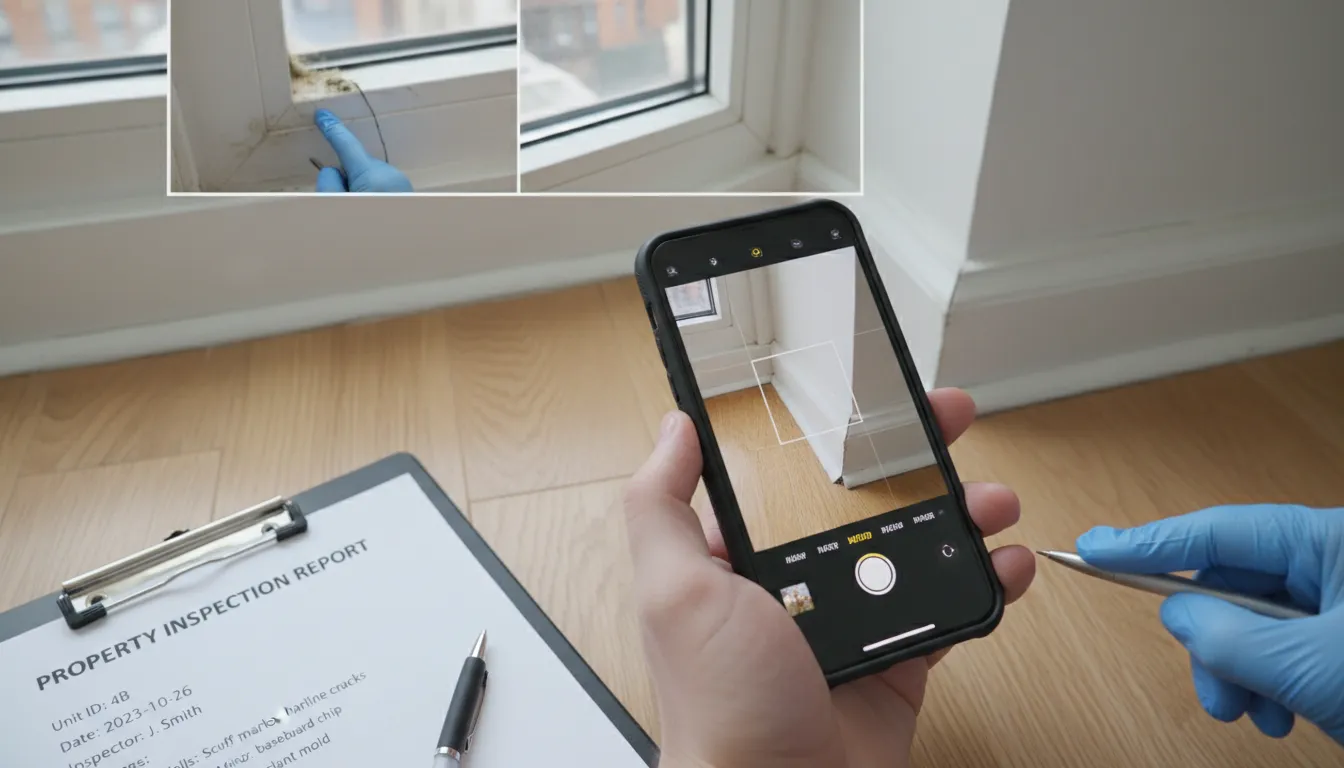 Pessoa fotografa detalhes do imóvel com smartphone durante vistoria para documentação completa do estado.
