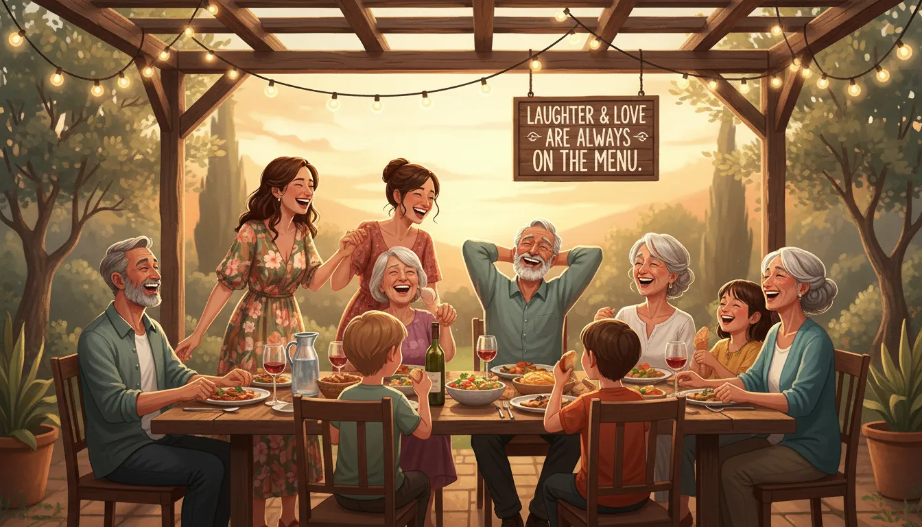 Família multigeracional e amigos compartilham jantar descontraído com laços fortes sob luzes externas.