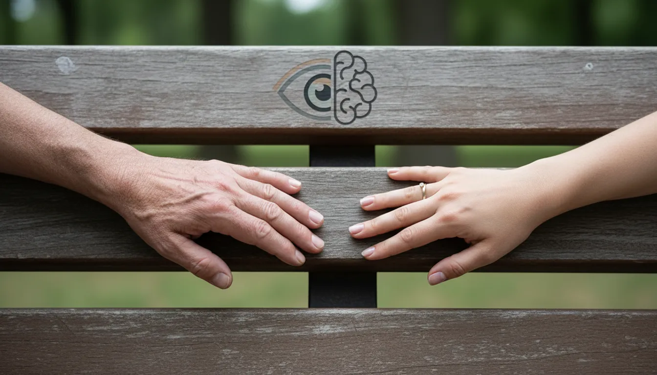 Duas mãos quase se tocando em um banco, representando sinais de afastamento emocional e falta de conexão.