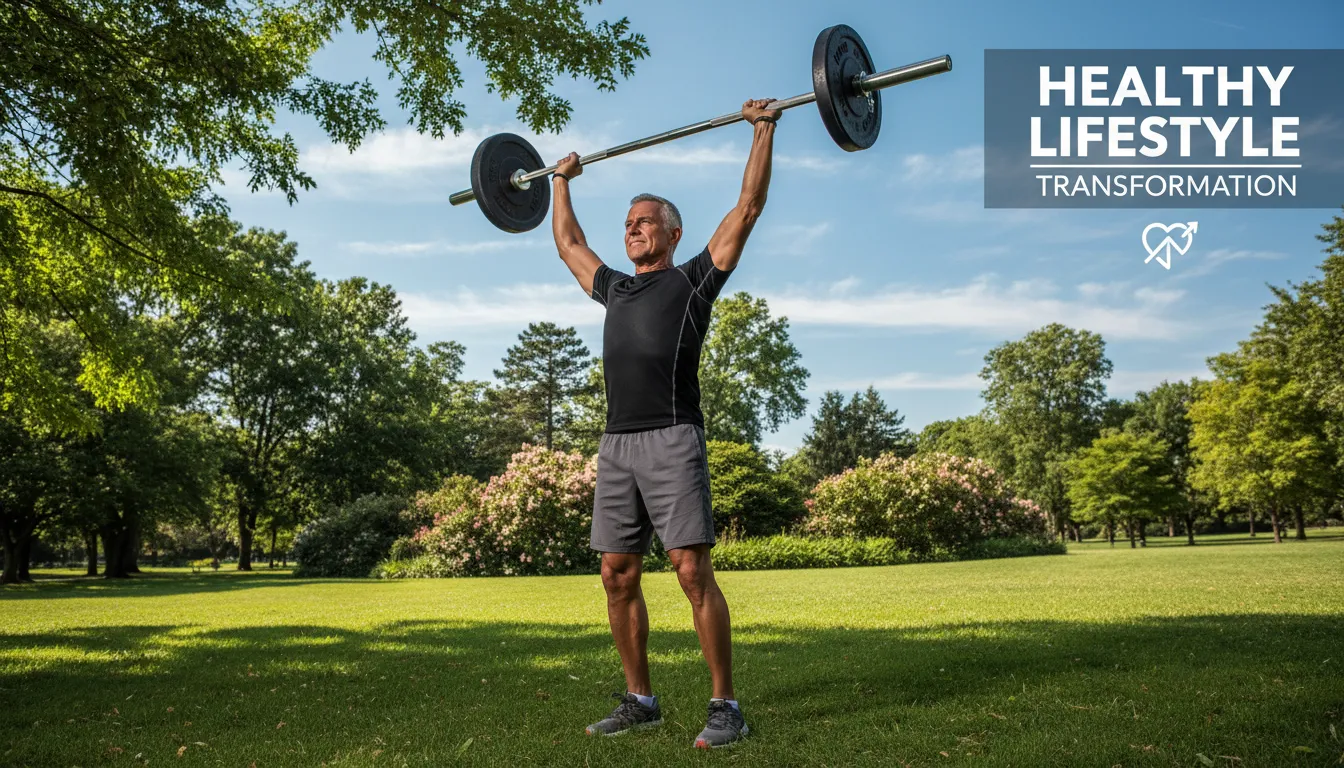 Homem maduro se exercitando ao ar livre, ilustrando mudanças saudáveis no estilo de vida.