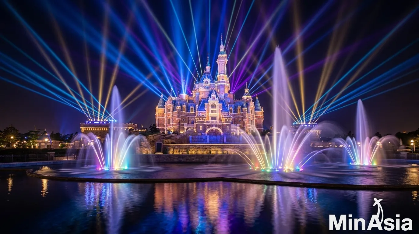 Show de luzes e fontes coloridas a noite no castelo da disneyland shanghai.