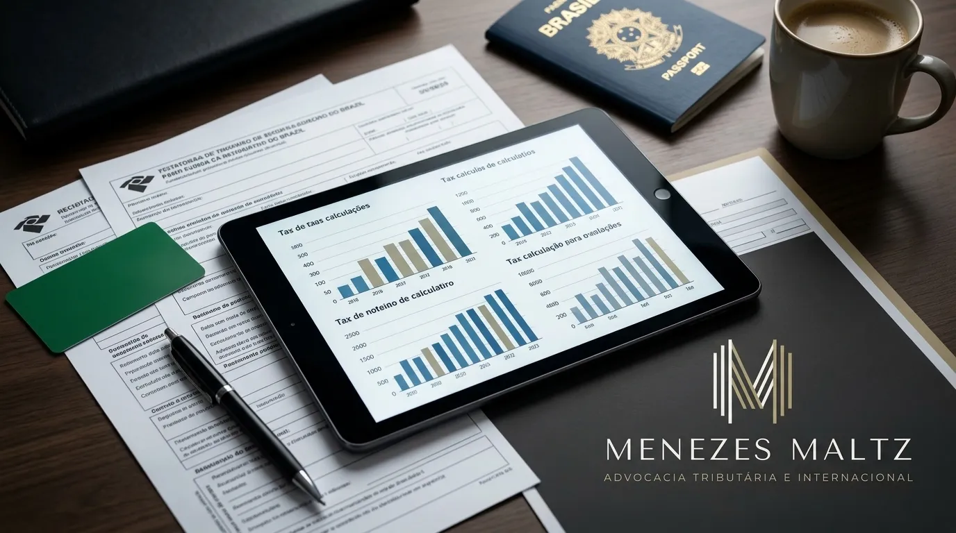 Documentos fiscais e Green Card imposto de renda Brasil organizados ao lado de tablet com gráficos sobre mesa de trabalho.