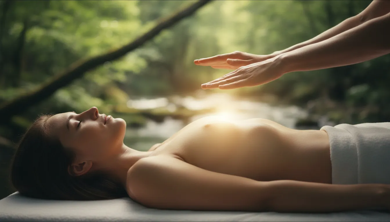 Mãos transmitindo energia reiki online, com um brilho dourado representando cura e equilíbrio. A imagem evoca a prática de reiki à distância e seus efeitos positivos.