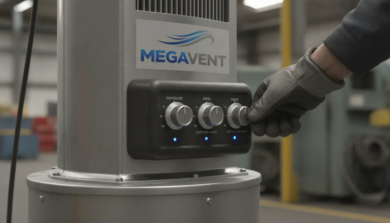 Detalhe do painel de controle de um ventilador de coluna industrial MegaVent, destacando robustez e facilidade.