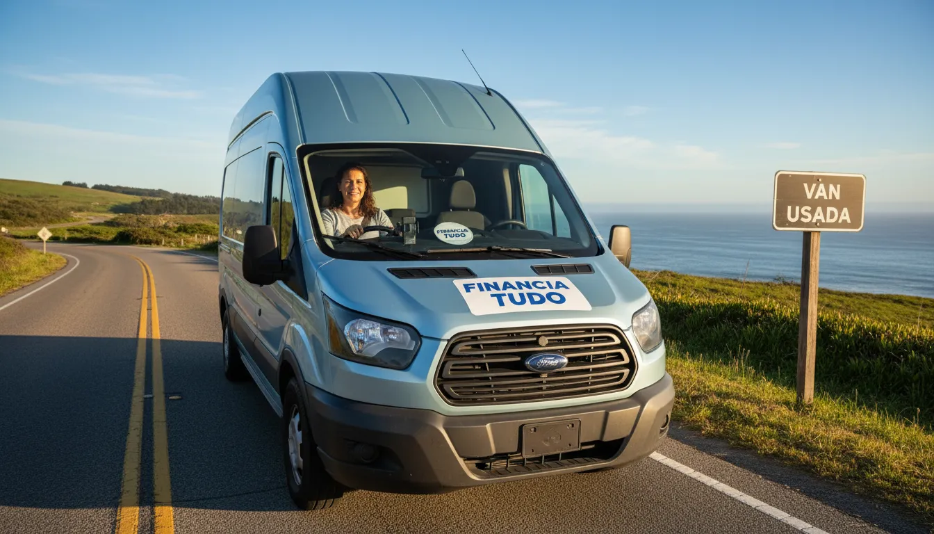 Homem dirigindo uma van usada em uma estrada panorâmica, com a Financia Tudo garantindo o melhor financiamento de vans usadas.