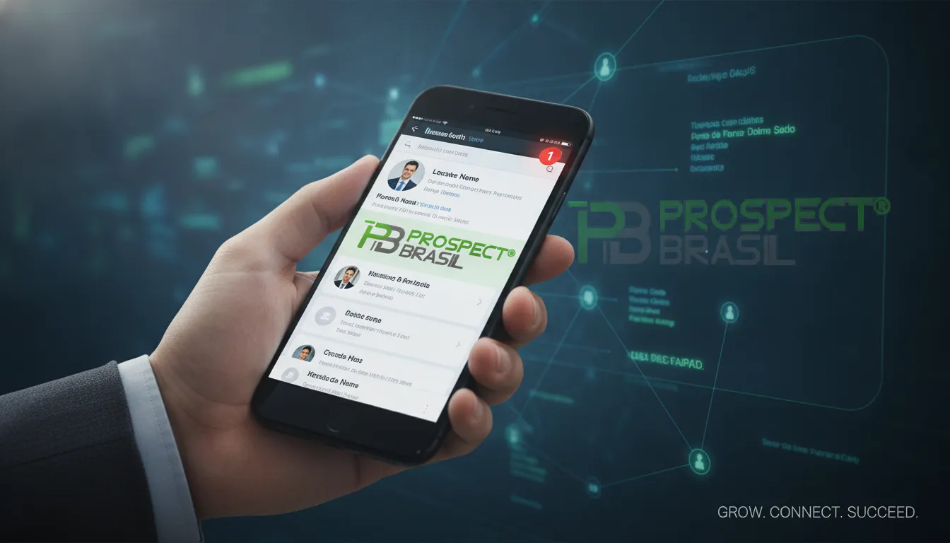 Mão segura smartphone exibindo perfil do Linkedin, simbolizando conexão e prospecção B2B eficaz.