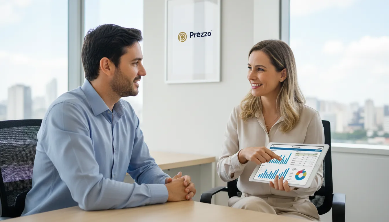 Atendimento humanizado de um contador em São Paulo da Prezzo, explicando finanças digitais com clareza para um empresário.