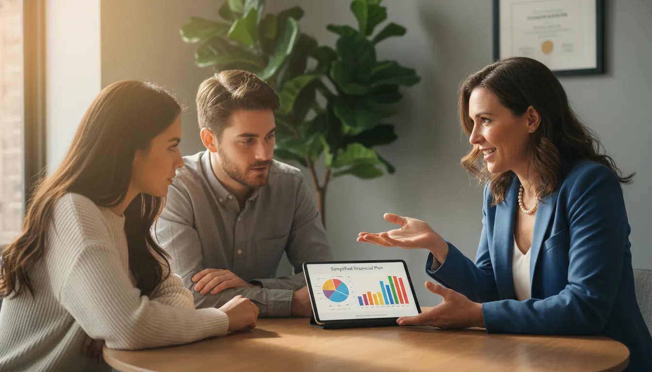 Consultor financeiro explicando plano para casal, ilustrando como uma parceria de indicação financeira beneficia clientes.