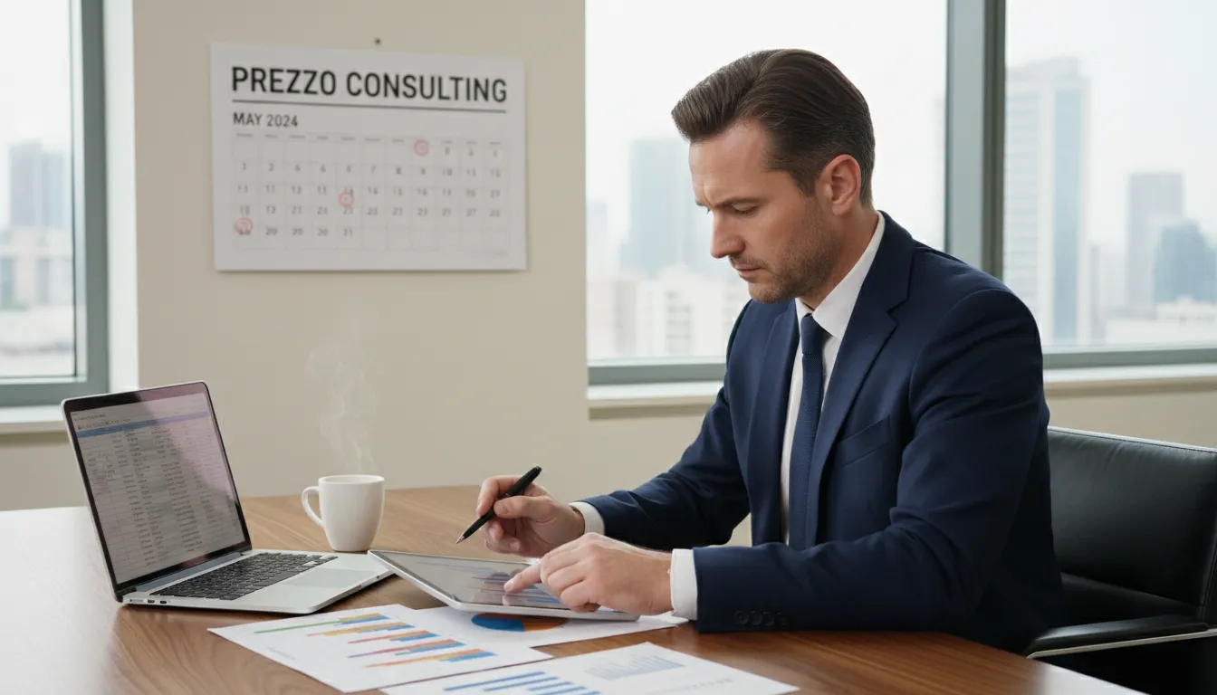 A businessman analyzing financial charts with Prezzo Consulting, representing their expertise in helping businesses manage tax obligations with sbtpg llc tax products.