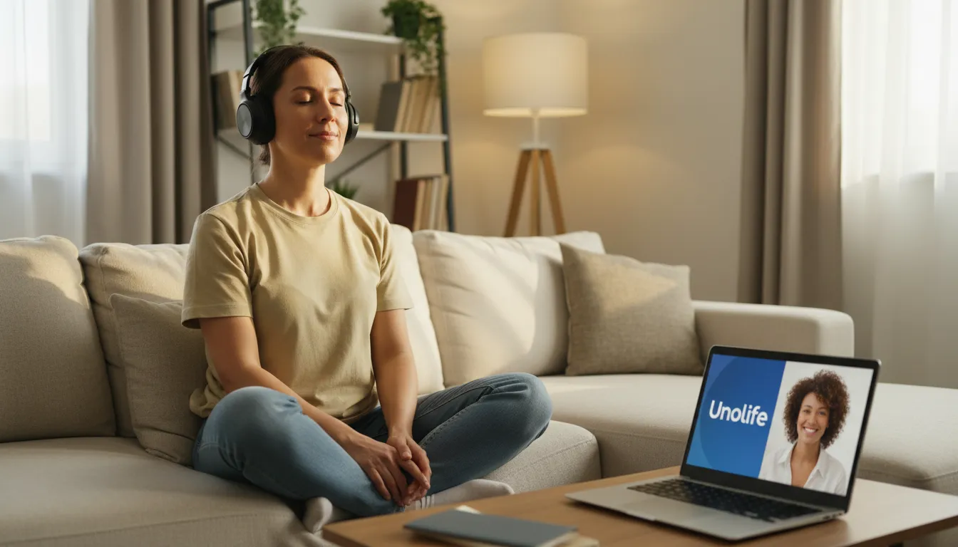 Uma pessoa relaxada durante uma sessão de hipnoterapia online da Unolife, demonstrando o conforto e a acessibilidade do tratamento.