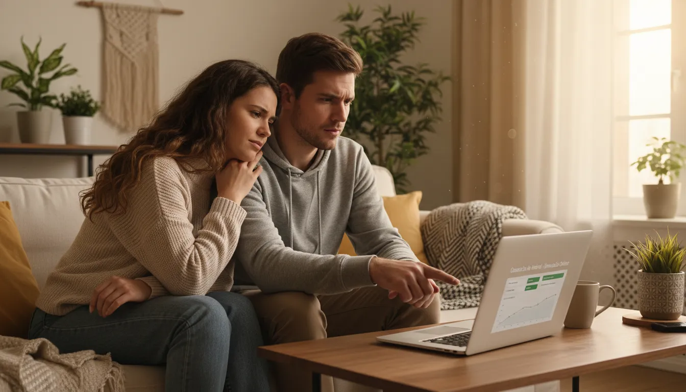 Casal utiliza simulador financeiro para avaliar consórcio de imóvel, buscando a melhor opção para adquirir seu lar