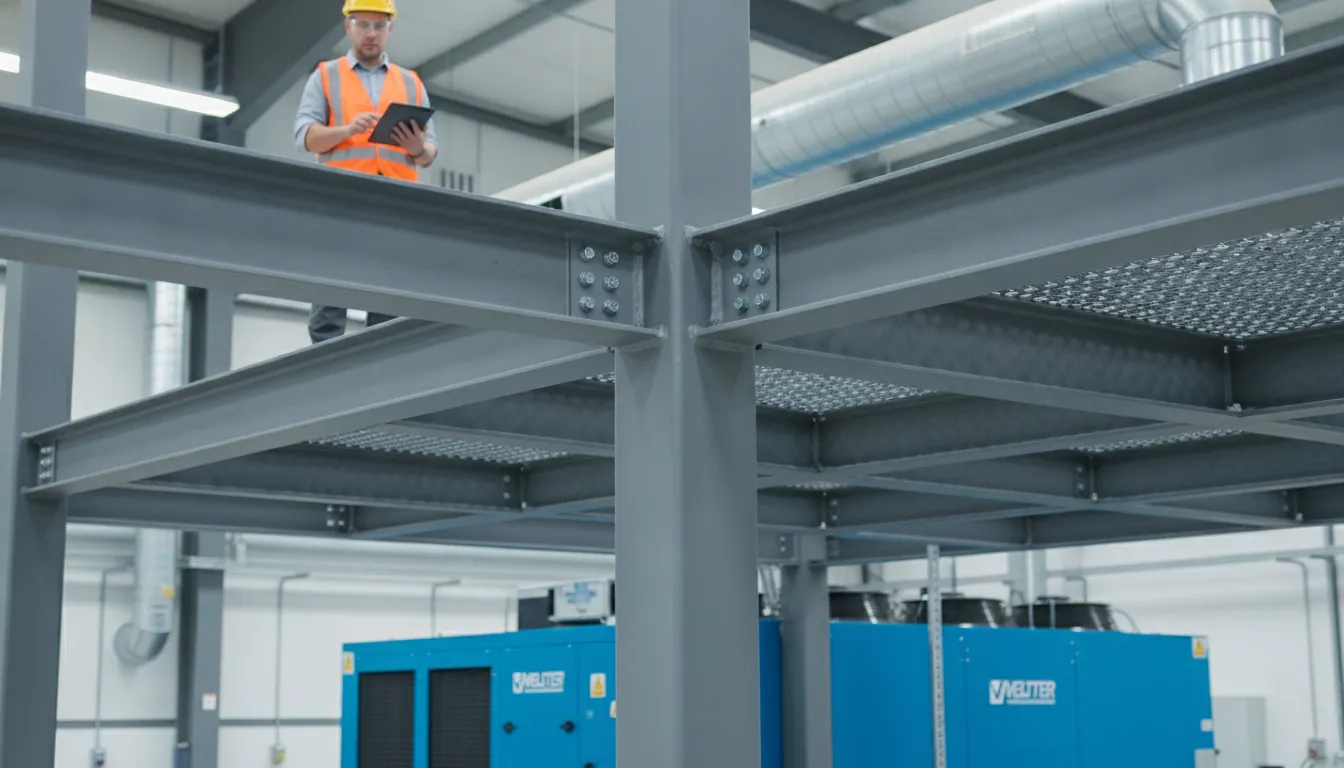 Detalhe da estrutura de um mezanino industrial, com trabalhador inspecionando e dutos HVAC ao fundo.