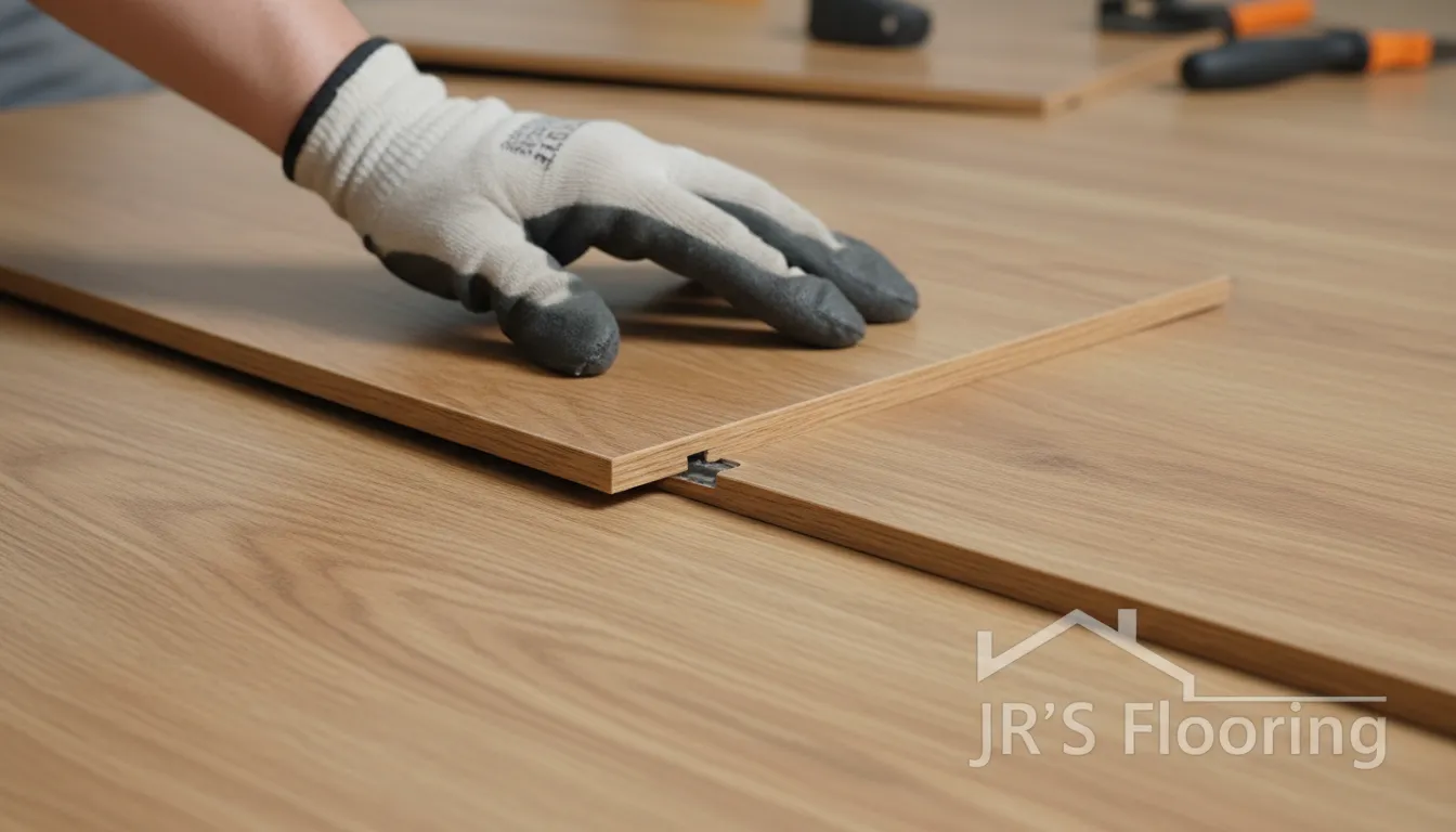 Detailed view of laminate floor installation focusing on the click-lock system, demonstrating easy installation by JR'S Flooring company.