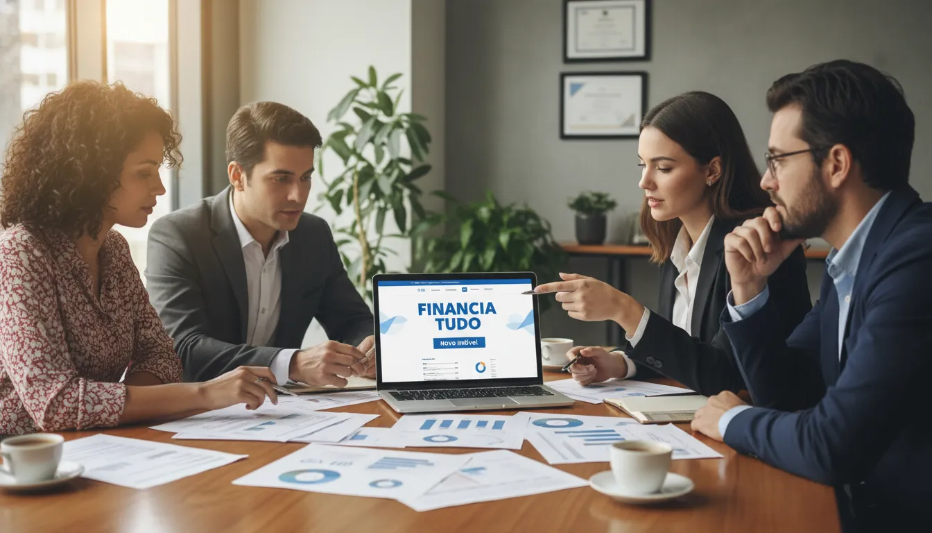 Pessoas analisando documentos financeiros para financiamento de imóvel novo, utilizando a plataforma Financia Tudo para encontrar as melhores opções de crédito. Planejamento financeiro facilitado.