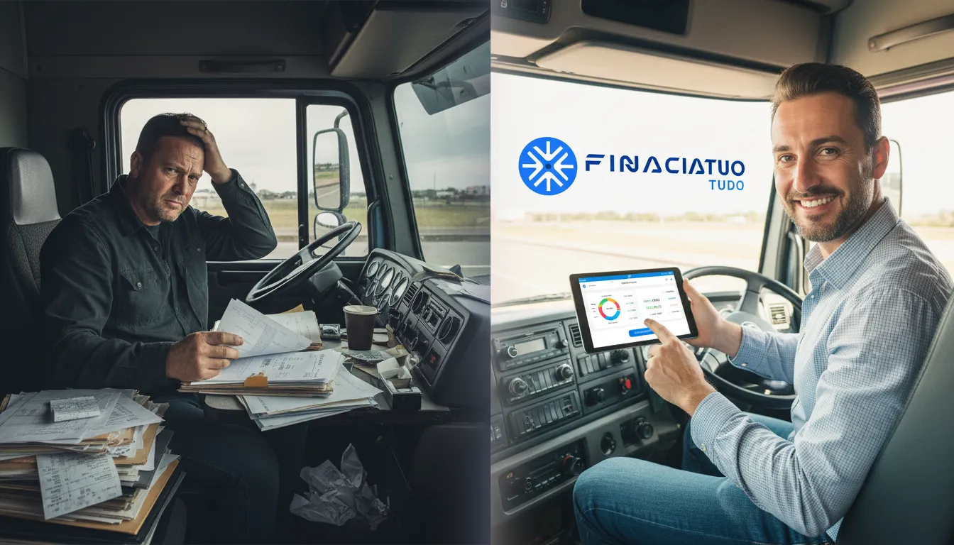 Comparativo entre a dificuldade do financiamento de caminhão tradicional e a facilidade com a Financia Tudo, com app.