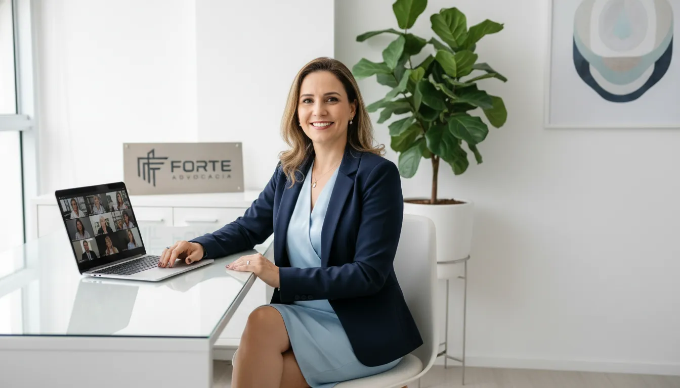Advogada da Forte Advocacia em videochamada, oferecendo atendimento digital para aposentadoria invalidez.
