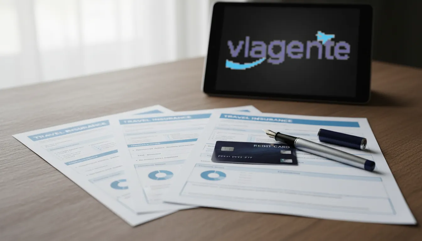 Detalhes de documentos de seguro viagem e cartão de crédito, representando a escolha do melhor seguro viagem.