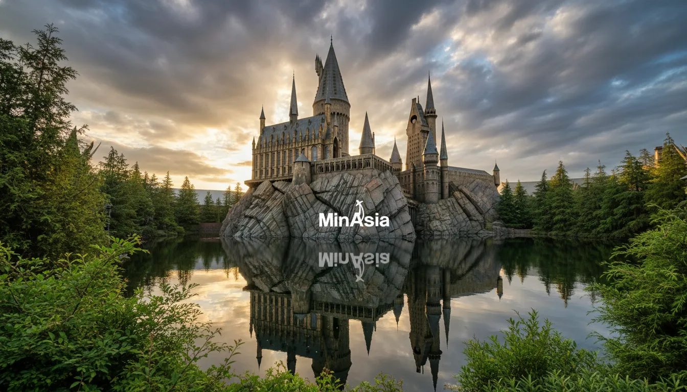 Hogwarts Castle no Universal Studios Japan refletido no Black Lake, criando uma cena mágica e imersiva.