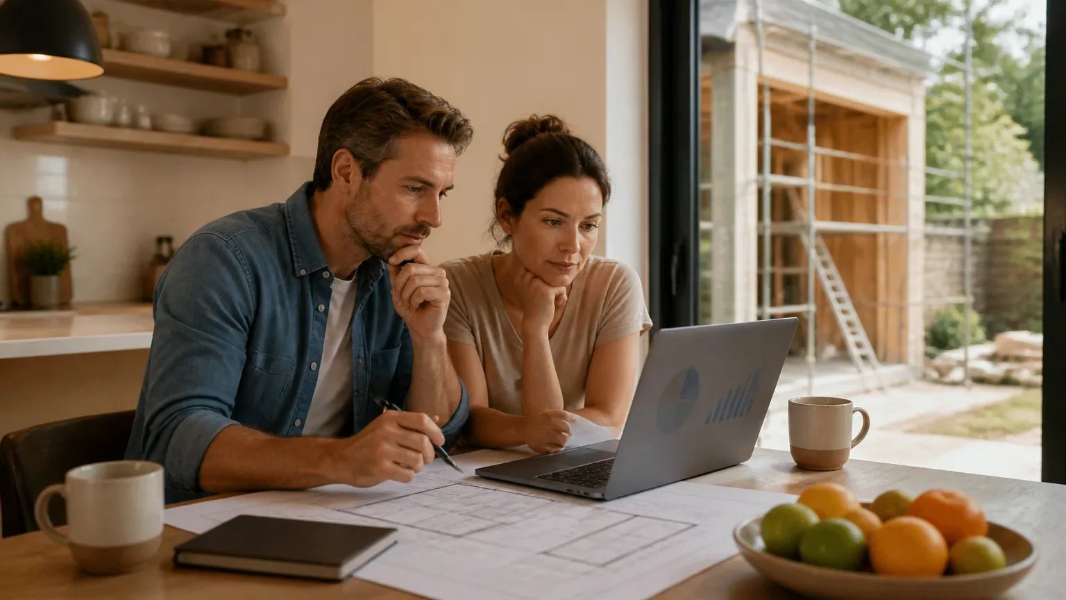 Casal planejando finanças e aprendendo como calcular custo de uma obra residencial.