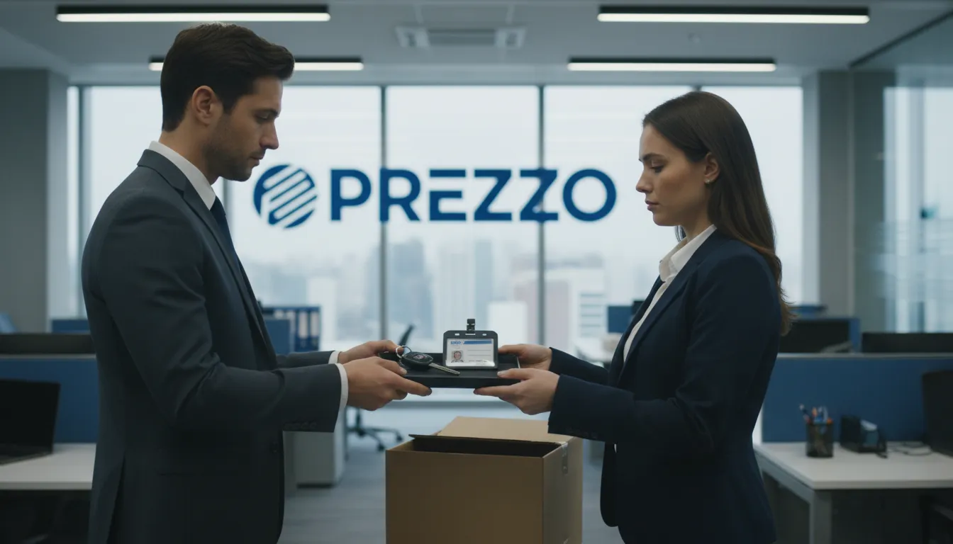 Dois funcionários em um escritório corporativo, um entregando chaves e itens pessoais ao outro, simbolizando o calculo rescisão de contrato e o fim do vínculo empregatício.