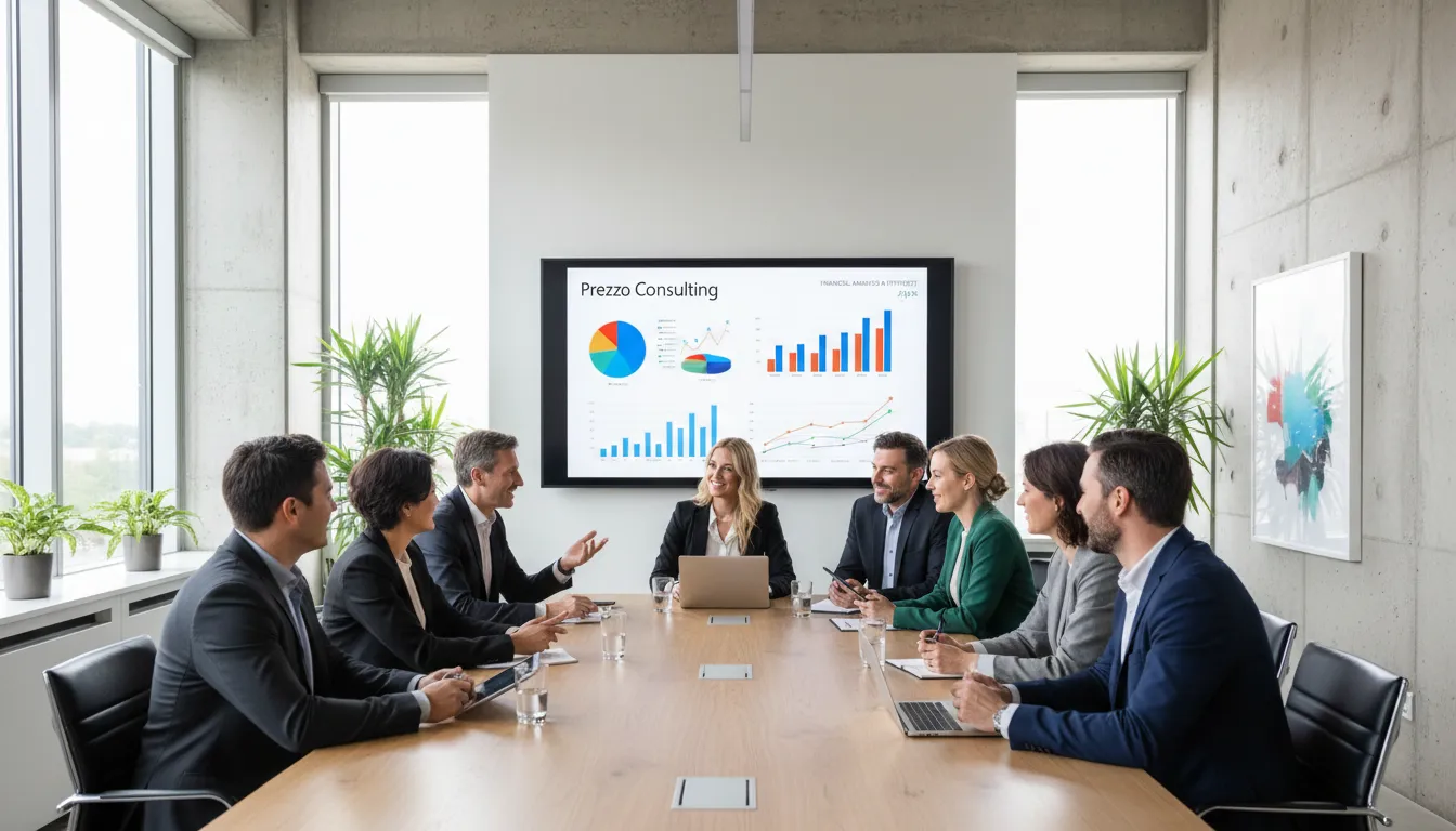 Collaborative office environment depicting professionals analyzing financial charts related to bookkeeping for rental properties, highlighting the importance of teamwork.