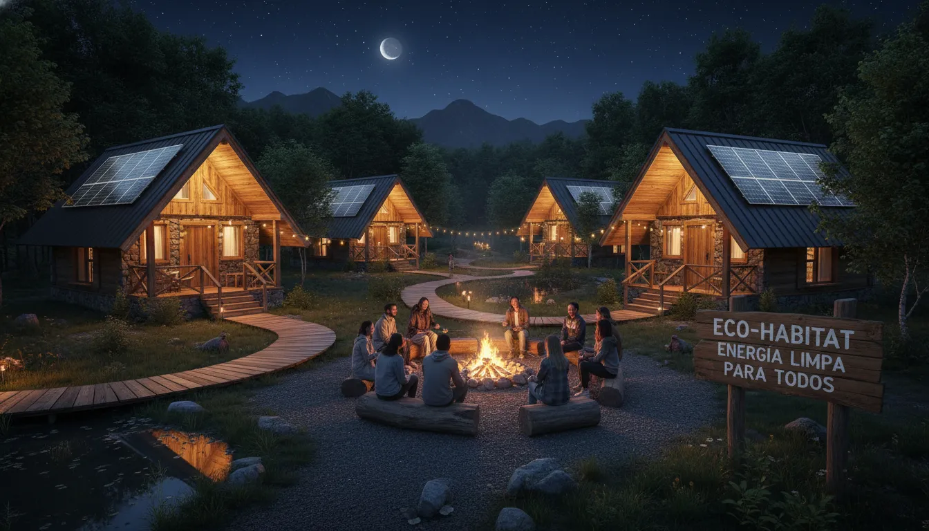 Cabanas ecológicas à noite, iluminação solar, hóspedes em volta da fogueira em ambiente acolhedor.