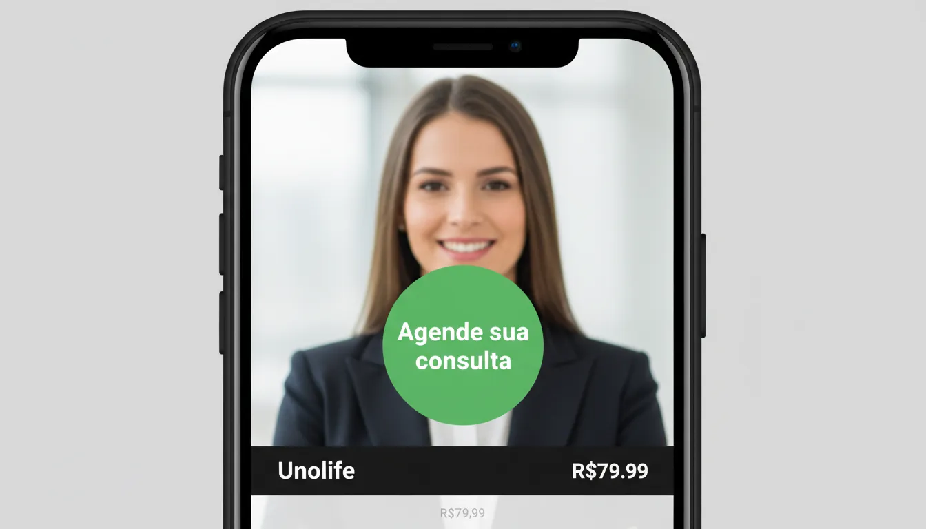 Interface do aplicativo Unolife no smartphone, destacando a facilidade de agendar uma consulta com um advogado online por um preço acessível.