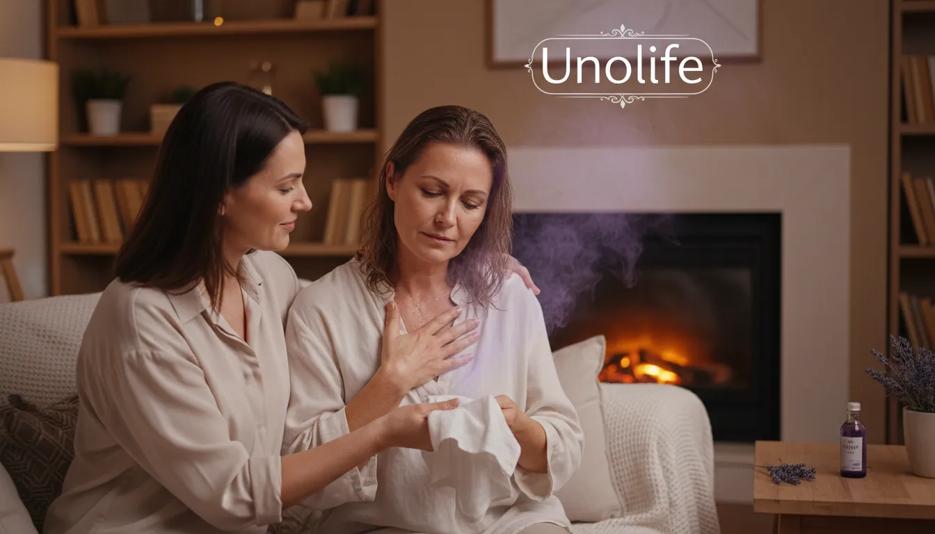 Mulher aliviando uma onda de calor com aromaterapia na menopausa, mostrando o uso prático dos óleos essenciais para conforto e bem-estar.