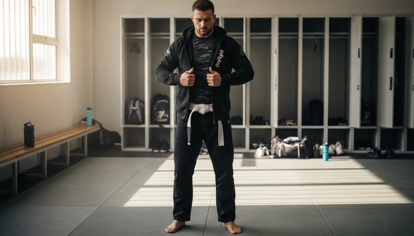 Lutador de jiu-jitsu se preparando para treinar, vestindo um moletom jiu-jitsu preto da OnFight.