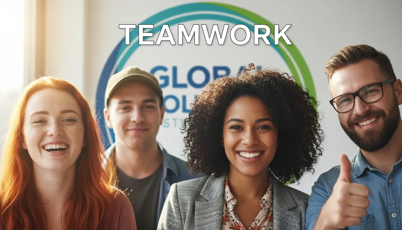 15 Exemplos de Páginas “Sobre” de Site Institucional que Geram Confiança 1 Membros da equipe sorrindo em frente ao logo, destacando autenticidade da marca